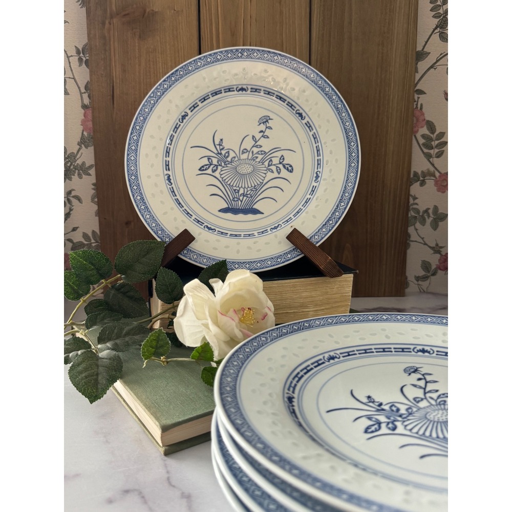 Vintage Jingdezhen Rice Grain Porcelain Plates Set of 5 Blue White 10"